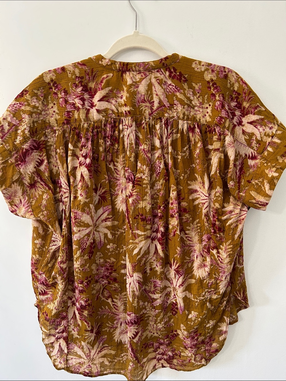 Pilcro Short Sleeved Batwing Button Blouse Mustard Pink Tropical Print Oversized - Picture 6 of 15